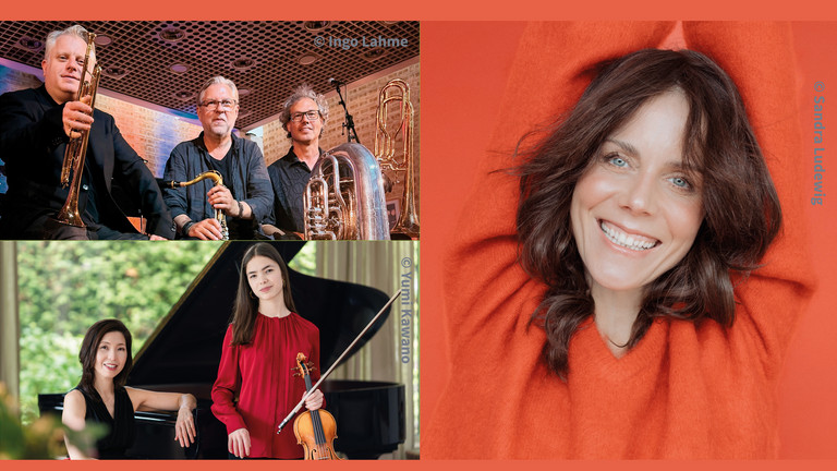 Eine Bildcollage mit Fotografien des Musiktrios „Windspiel“ mit den drei Solisten Frank Delle, Martijn de Laat und Ingo Lahme, der „singenden Dichterin“ Anna Depenbusch und dem Duo Michi Komoto mit ihrer Tochter Sophie Hikari Hoffmann im Uhrzeigersinn zum Benefizkonzert der Albertinen-Stiftung zugunsten der „Herzbrücke“ in der Hamburger Hauptkirche St. Michaelis.