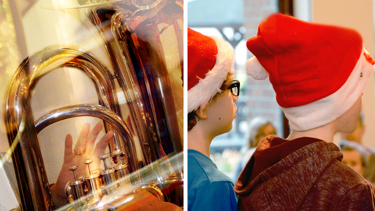 Bildcollage mit Detailaufnahme einer goldfarbener Tuba und von zwei Grundschülern mit Weihnachtsmütze im Seitenprofil für das Blechbläserkonzert und den traditionellen Adventsbesuch im Albertinen Haus in Hamburg Schnelsen 