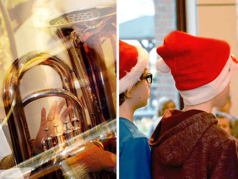 Bildcollage mit Detailaufnahme einer goldfarbener Tuba und von zwei Grundschülern mit Weihnachtsmütze im Seitenprofil für das Blechbläserkonzert und den traditionellen Adventsbesuch im Albertinen Haus in Hamburg Schnelsen 