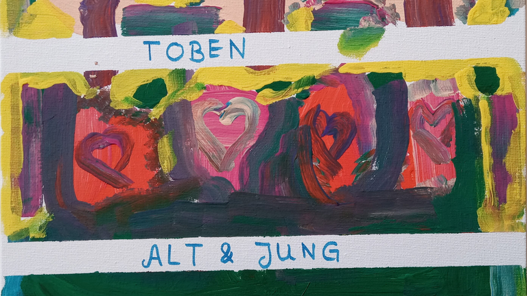 Buntes Bild mit Herzen, gemalt von einem Kind, Projekt Gesundheit fördern bei Alt und Jung, Zusammenarbeit zwischen Alten- und Pflegeeinrichtung und Kita, Albertinen Haus, Hamburg-Schnelsen